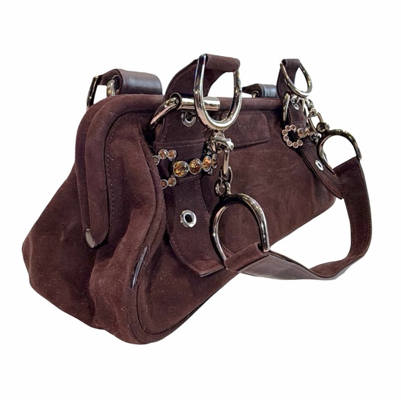Stuart Weitzman Brown Suede Shoulder Bag I Crystal Buckle Hardware - Picture 3 of 13